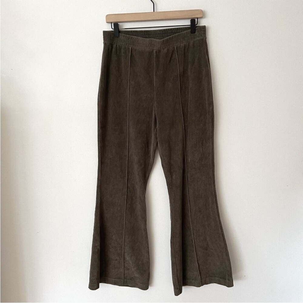 Aerie High Rise Ribbed Velour Flare Pants Olive Green Women's Size Large